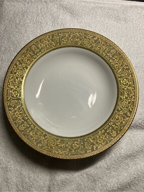 2 Sango  Green and Gold Scroll Rim Porcelain Soup Bowls Versailles # 3632